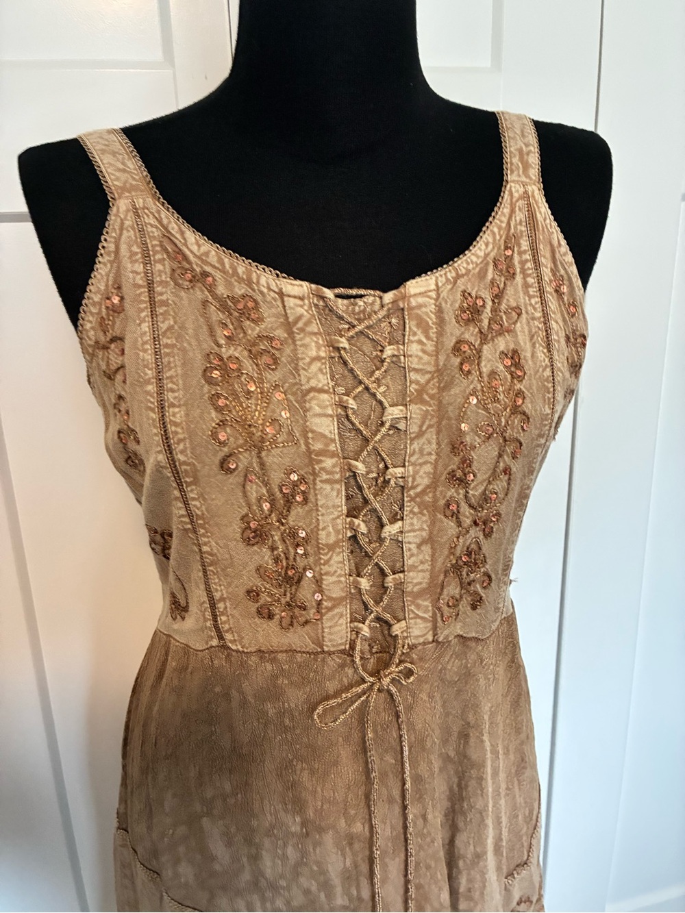 Magic M Tan Embellished Lace-Up Boho Maxi Dress Ren Faire Festival Corset - Picture 4 of 8